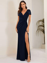 Elegant V-Neck Sequin Short Sleeves Mother of the Bride Dresses with Slit