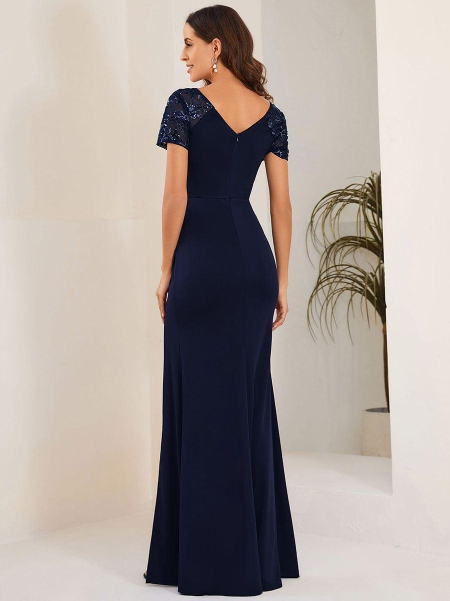 Elegant V-Neck Sequin Short Sleeves Mother of the Bride Dresses with Slit