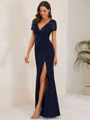 Elegant V-Neck Sequin Short Sleeves Mother of the Bride Dresses with Slit