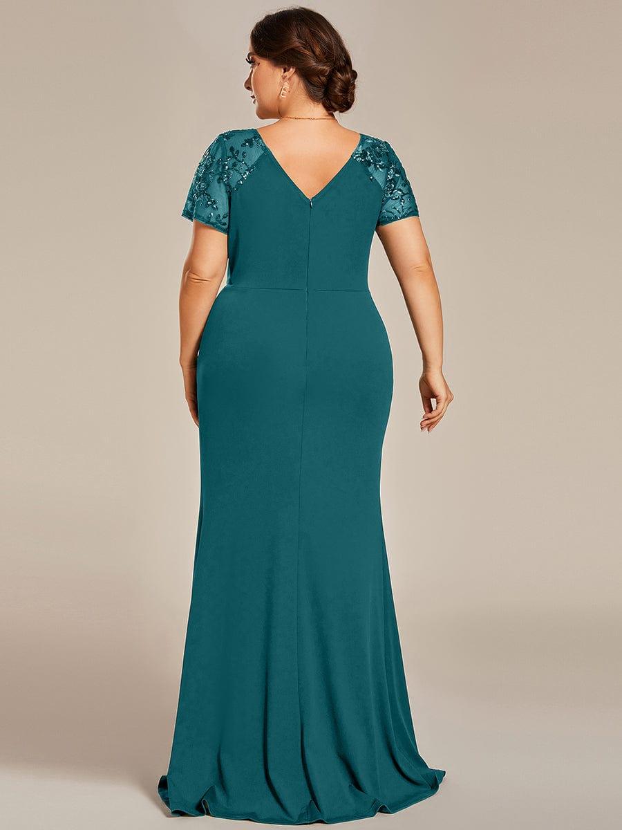 Elegant V-Neck Sequin Short Sleeves Mother of the Bride Dresses with Slit