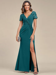 Elegant V-Neck Sequin Short Sleeves Mother of the Bride Dresses with Slit