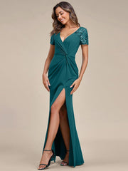 Elegant V-Neck Sequin Short Sleeves Mother of the Bride Dresses with Slit