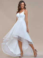 Unique Floral  Hi-Lo A-Line V-Neck Prom Dress with Embroidery