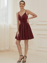 Shiny Deep V Neck Knee-Length Prom Dress with Spaghetti Straps