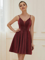 Shiny Deep V Neck Knee-Length Prom Dress with Spaghetti Straps