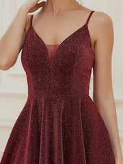 Shiny Deep V Neck Knee-Length Prom Dress with Spaghetti Straps