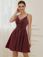 Shiny Deep V Neck Knee-Length Prom Dress with Spaghetti Straps