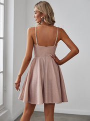 Shiny Deep V Neck Knee-Length Prom Dress with Spaghetti Straps