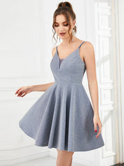 Shiny Deep V Neck Knee-Length Prom Dress with Spaghetti Straps