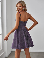 Shiny Deep V Neck Knee-Length Prom Dress with Spaghetti Straps