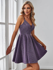 Shiny Deep V Neck Knee-Length Prom Dress with Spaghetti Straps