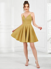 Shiny Deep V Neck Knee-Length Prom Dress with Spaghetti Straps