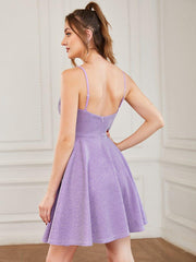 Shiny Deep V Neck Knee-Length Prom Dress with Spaghetti Straps