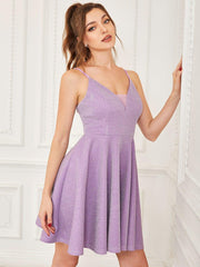 Shiny Deep V Neck Knee-Length Prom Dress with Spaghetti Straps