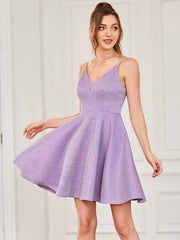 Shiny Deep V Neck Knee-Length Prom Dress with Spaghetti Straps