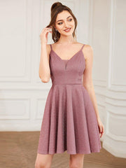 Shiny Deep V Neck Knee-Length Prom Dress with Spaghetti Straps