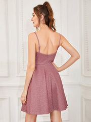 Shiny Deep V Neck Knee-Length Prom Dress with Spaghetti Straps