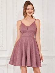 Shiny Deep V Neck Knee-Length Prom Dress with Spaghetti Straps