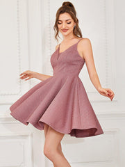 Shiny Deep V Neck Knee-Length Prom Dress with Spaghetti Straps
