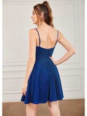 Shiny Deep V Neck Knee-Length Prom Dress with Spaghetti Straps