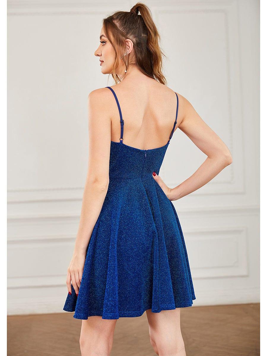 Shiny Deep V Neck Knee-Length Prom Dress with Spaghetti Straps
