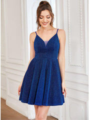 Shiny Deep V Neck Knee-Length Prom Dress with Spaghetti Straps