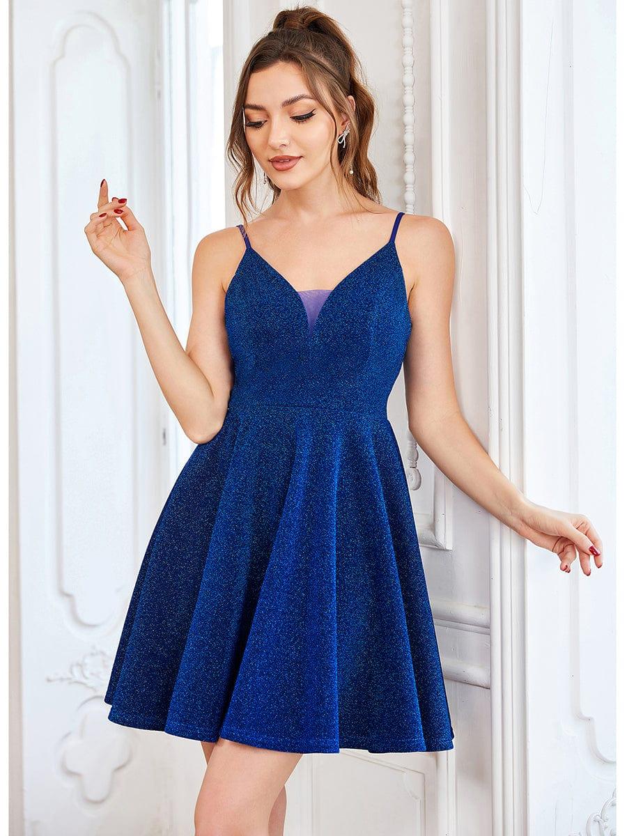 Shiny Deep V Neck Knee-Length Prom Dress with Spaghetti Straps