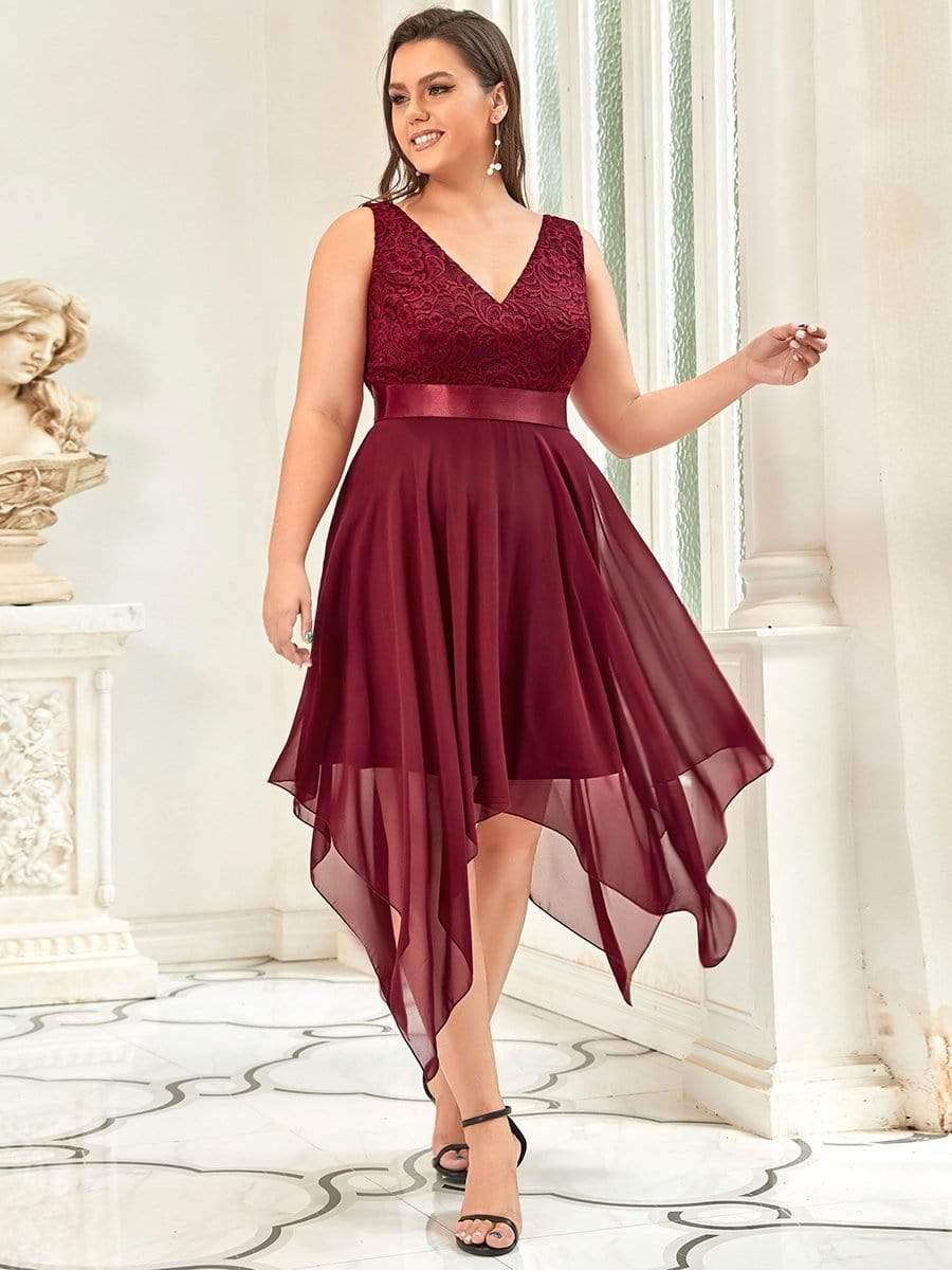 Lovely Plus Size V-Neck Prom Lace Dress for Women with Sash