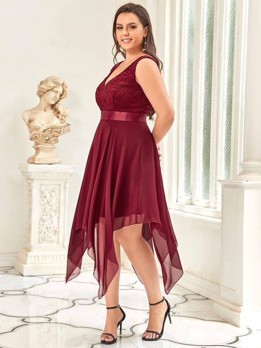 Lovely Plus Size V-Neck Prom Lace Dress for Women with Sash