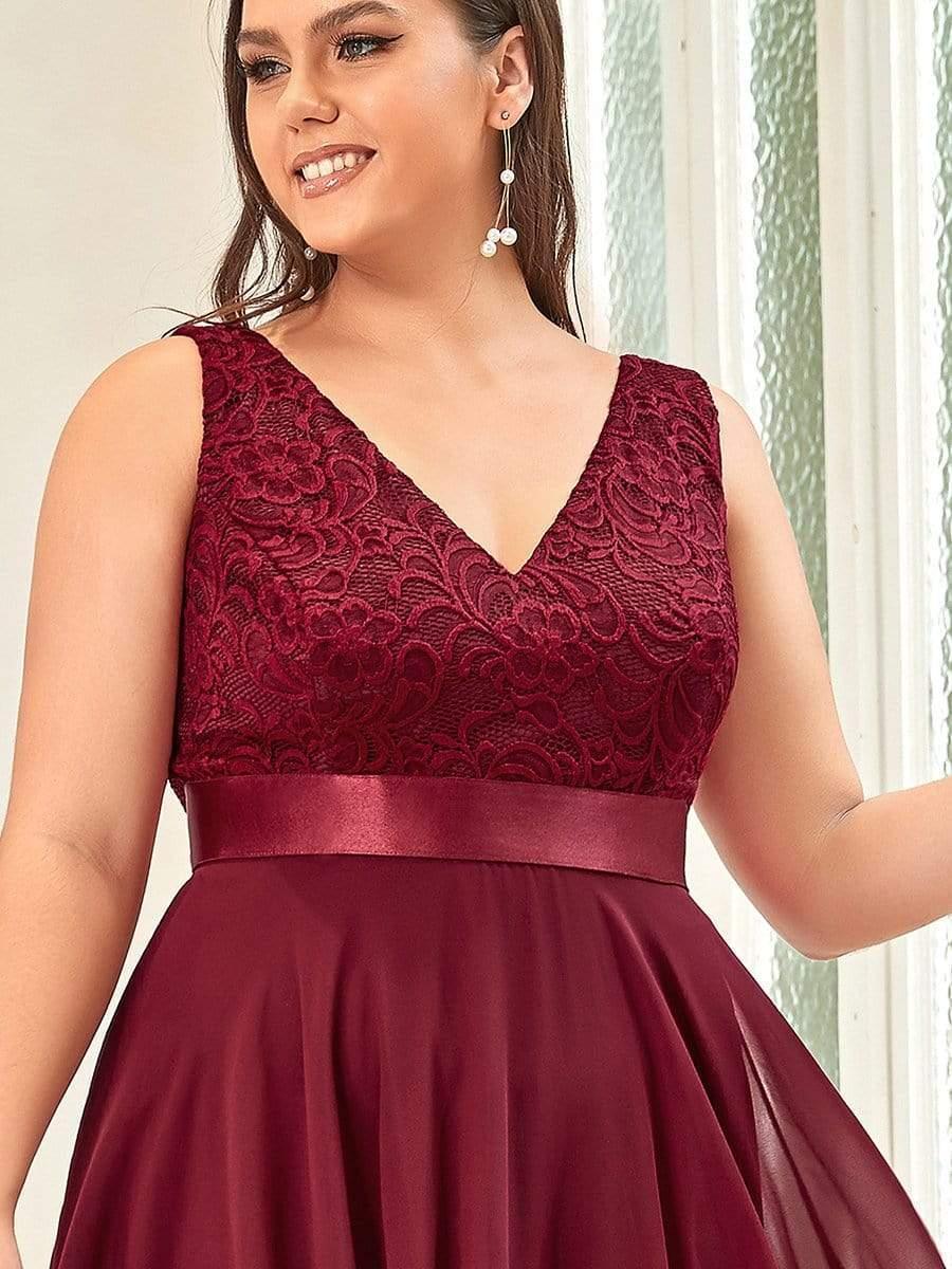 Lovely Plus Size V-Neck Prom Lace Dress for Women with Sash