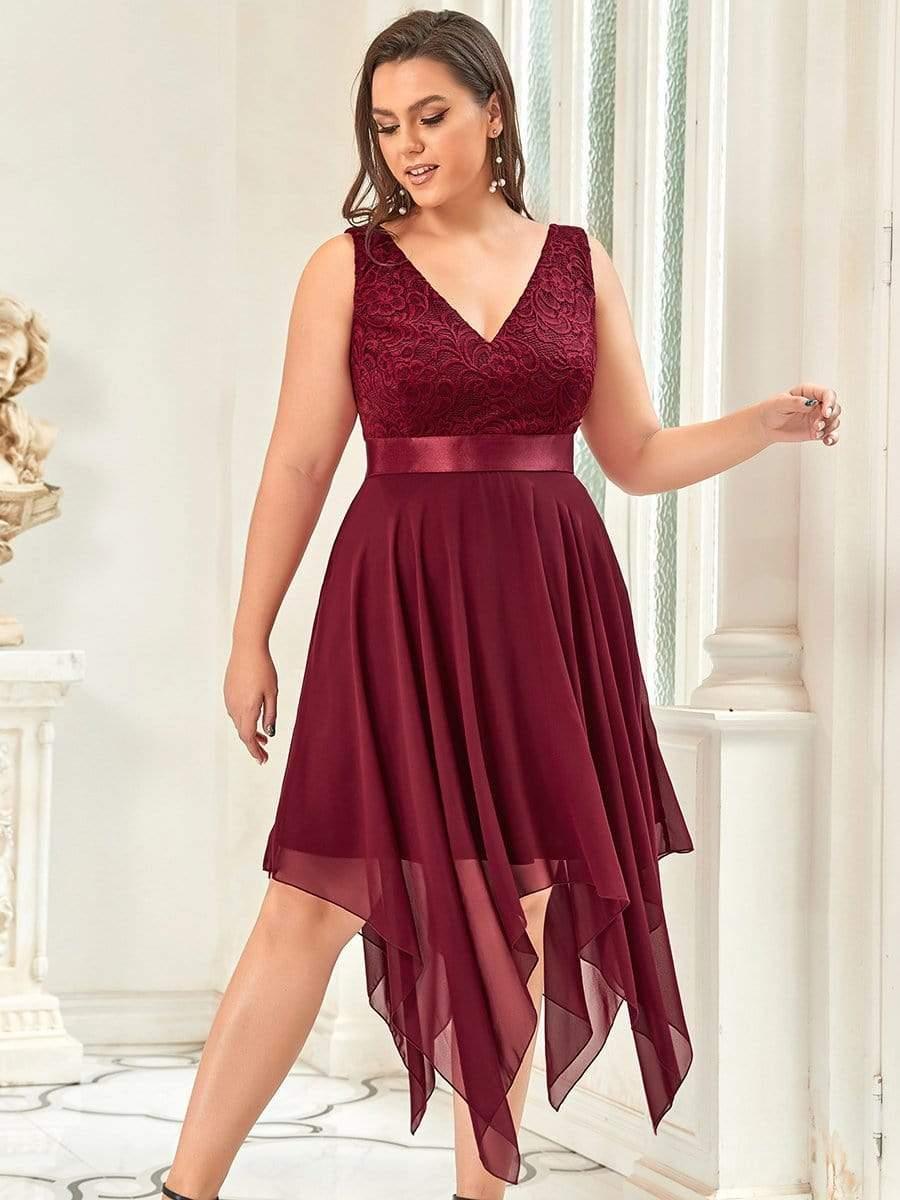 Lovely Plus Size V-Neck Prom Lace Dress for Women with Sash