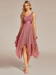 Cute V-Neck A-Line Prom Lace Dress for Women with Sash