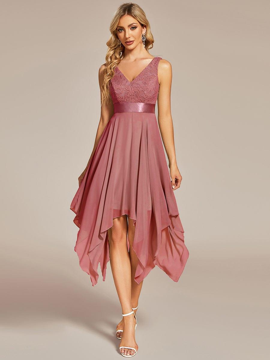 Cute V-Neck A-Line Prom Lace Dress for Women with Sash