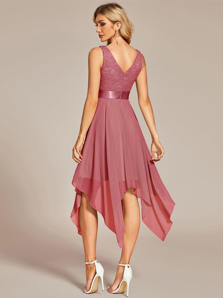 Cute V-Neck A-Line Prom Lace Dress for Women with Sash