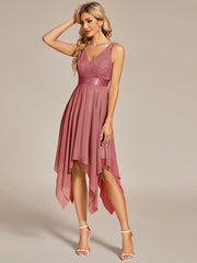 Cute V-Neck A-Line Prom Lace Dress for Women with Sash