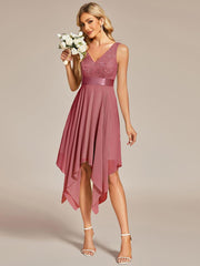 Cute V-Neck A-Line Prom Lace Dress for Women with Sash