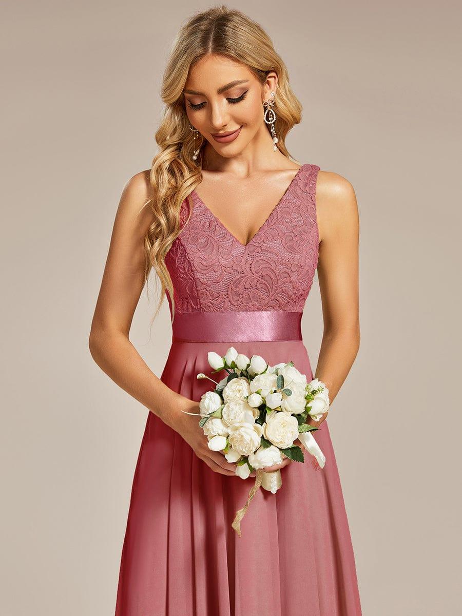 Cute V-Neck A-Line Prom Lace Dress for Women with Sash
