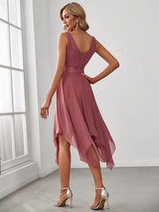 Cute V-Neck A-Line Prom Lace Dress for Women with Sash
