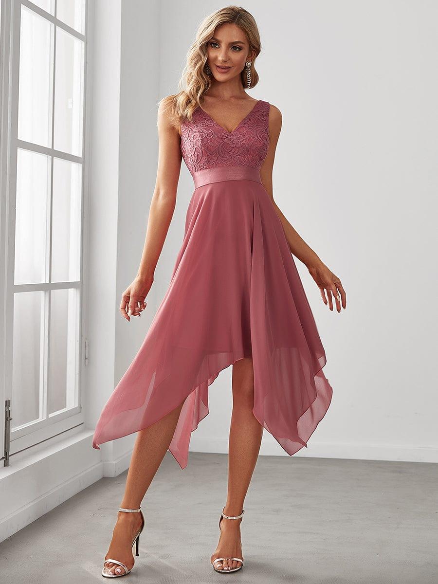 Cute V-Neck A-Line Prom Lace Dress for Women with Sash