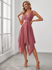 Cute V-Neck A-Line Prom Lace Dress for Women with Sash