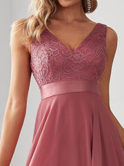 Cute V-Neck A-Line Prom Lace Dress for Women with Sash