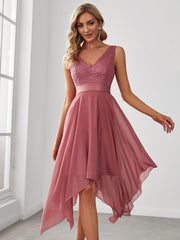 Cute V-Neck A-Line Prom Lace Dress for Women with Sash