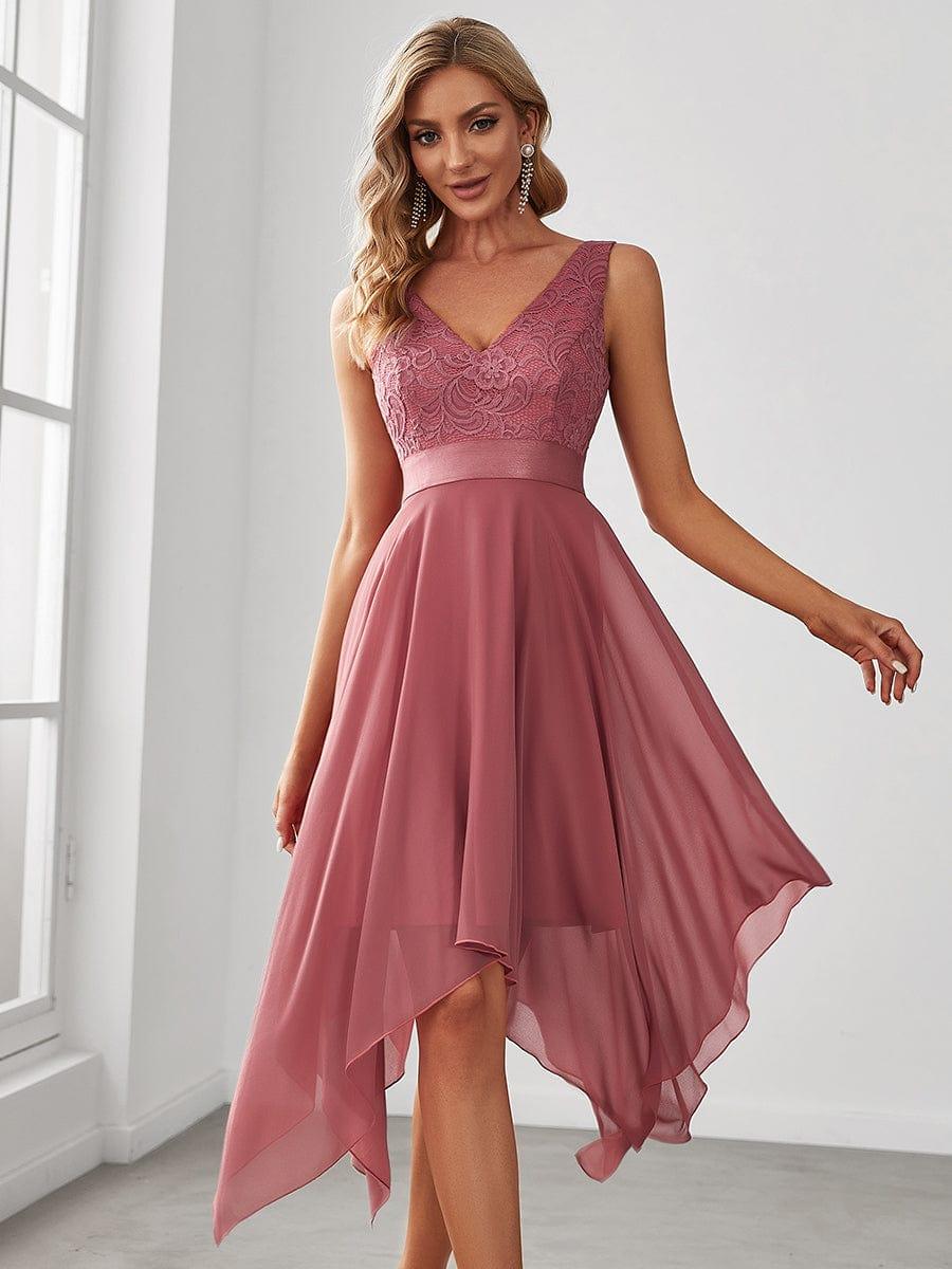 Cute V-Neck A-Line Prom Lace Dress for Women with Sash