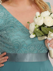 Lovely Plus Size V-Neck Prom Lace Dress for Women with Sash
