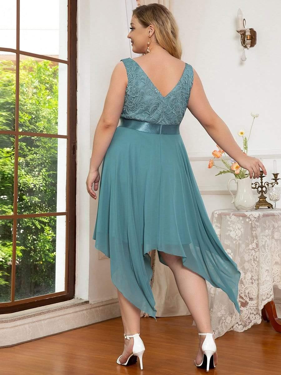Lovely Plus Size V-Neck Prom Lace Dress for Women with Sash