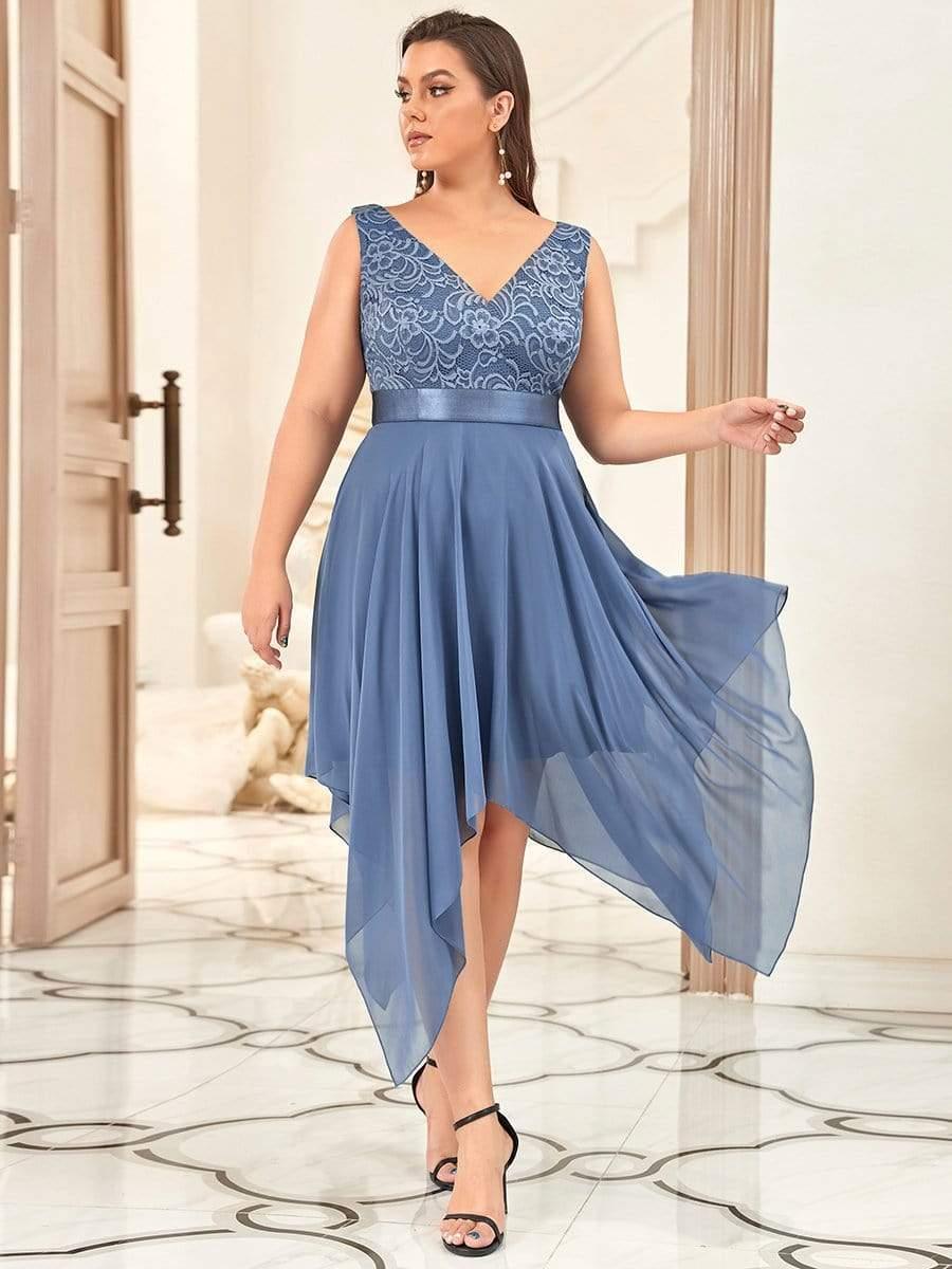 Lovely Plus Size V-Neck Prom Lace Dress for Women with Sash