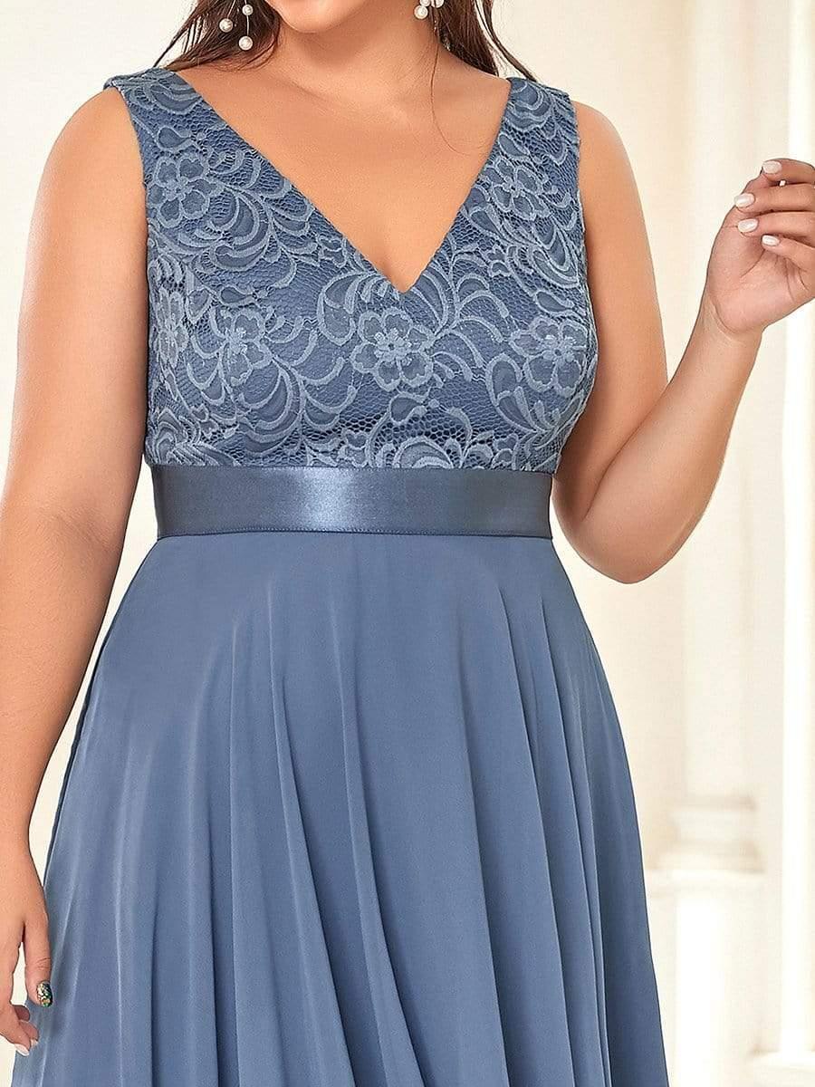 Lovely Plus Size V-Neck Prom Lace Dress for Women with Sash