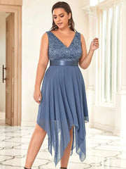 Lovely Plus Size V-Neck Prom Lace Dress for Women with Sash