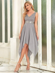 Cute V-Neck A-Line Prom Lace Dress for Women with Sash