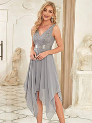 Cute V-Neck A-Line Prom Lace Dress for Women with Sash